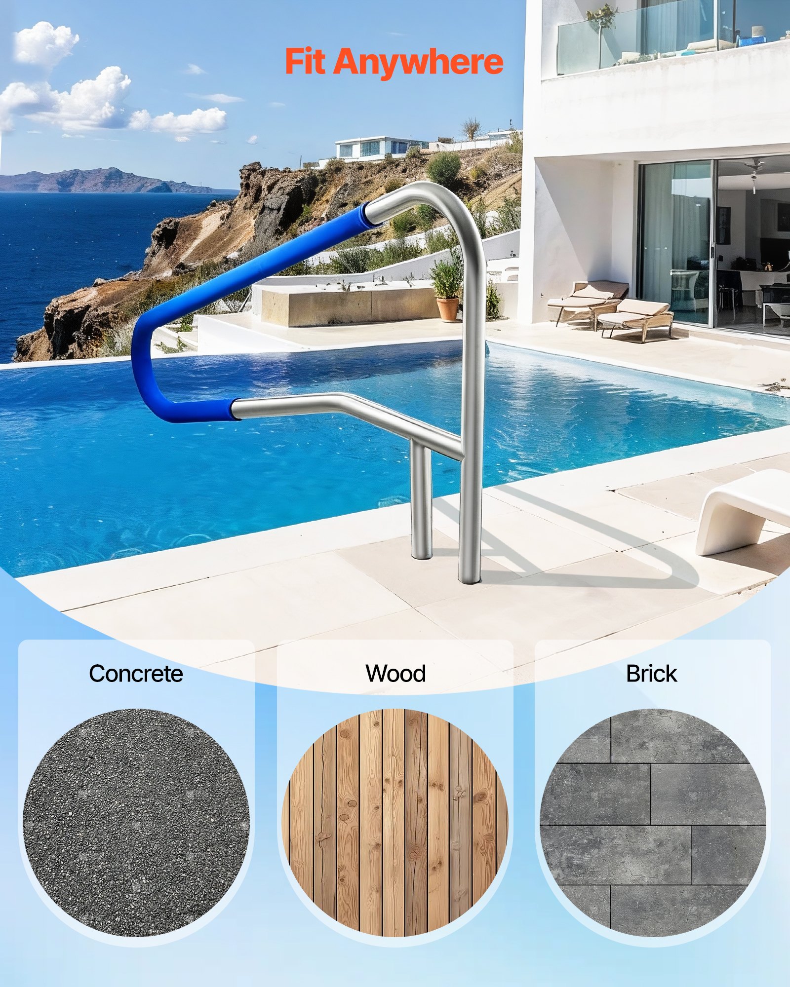 VEVOR Pool Rail, 137.1 x 81.3 cm Pool Handrail, 100kg Load Capacity Heavy Duty 304 Stainless Steel Swimming Handrail, Detachable Nonslip Sleeve, Recessed or Base Mount, for Poolside, Water Parks