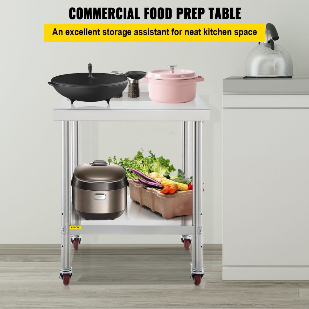Mesa de trabajo de cocina VEVOR de acero inoxidable, mesa de trabajo de 24x24 pulgadas con 4 ruedas