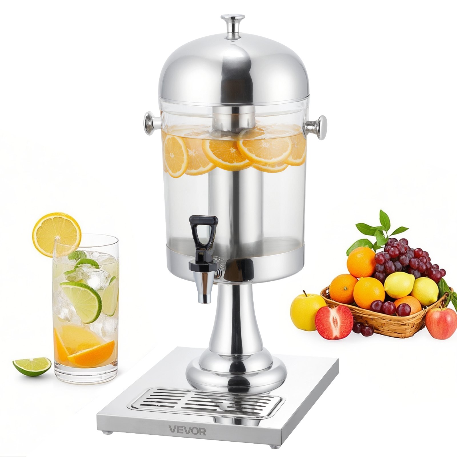 VEVOR Beverage Dispenser (1 x 8 L) for Parties, Juice Dispenser (made of stainless steel + polycarbonate) with drip-proof tap & base, Water Dispenser for Restaurants, Parties, Lemonade, Iced Tea Dispenser