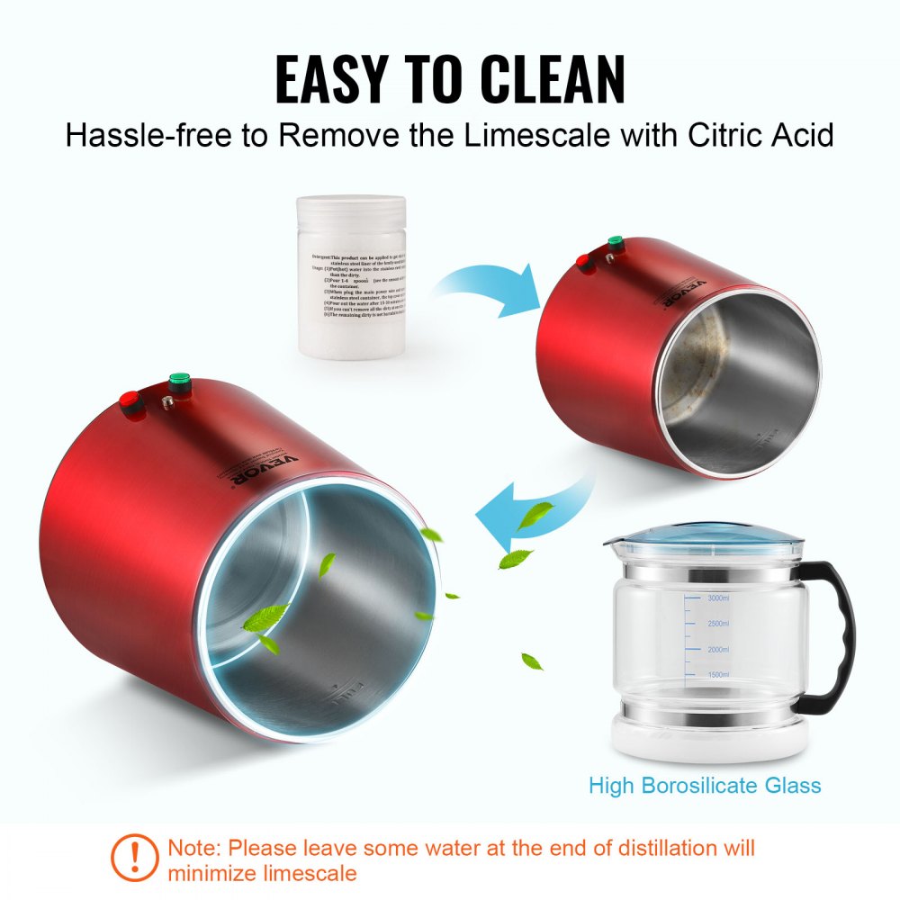 VEVOR Destilador de Agua 4L Máquina de Agua Destilada 1L/h 24 L/día Máquina de Destilación de Agua Interior en Acero Inoxidable de Grado Alimenticio Alta Eficiencia para Purificar Agua del Grifo, Rojo