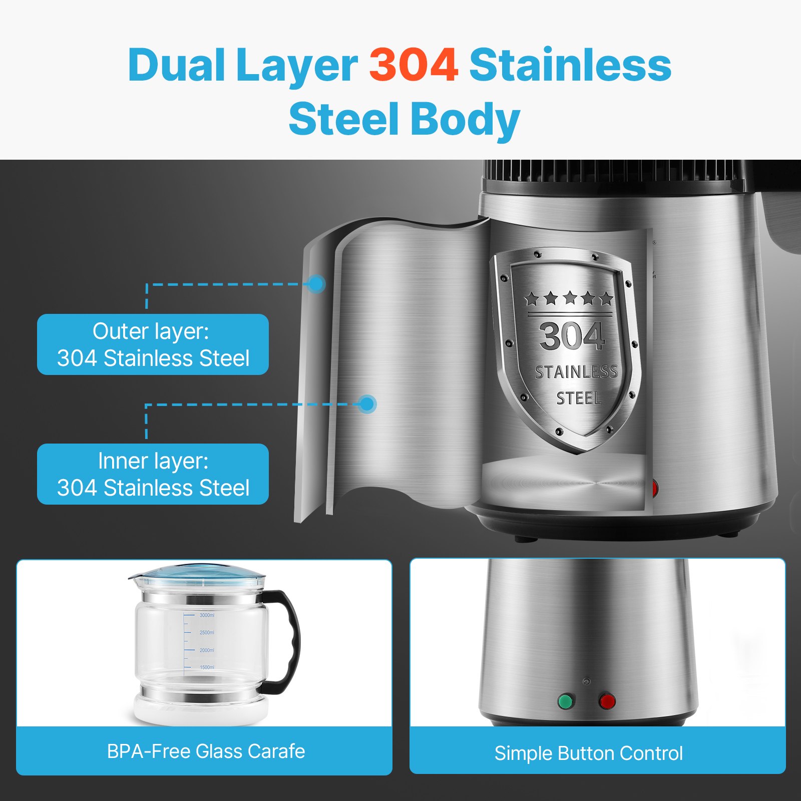 VEVOR Destilador de Agua 4 L Máquina de Agua Destilada 1 L/h 24 L/día Máquina de Destilación de Agua Interior en Acero Inoxidable de Grado Alimenticio Alta Eficiencia para Purificar Agua del Grifo