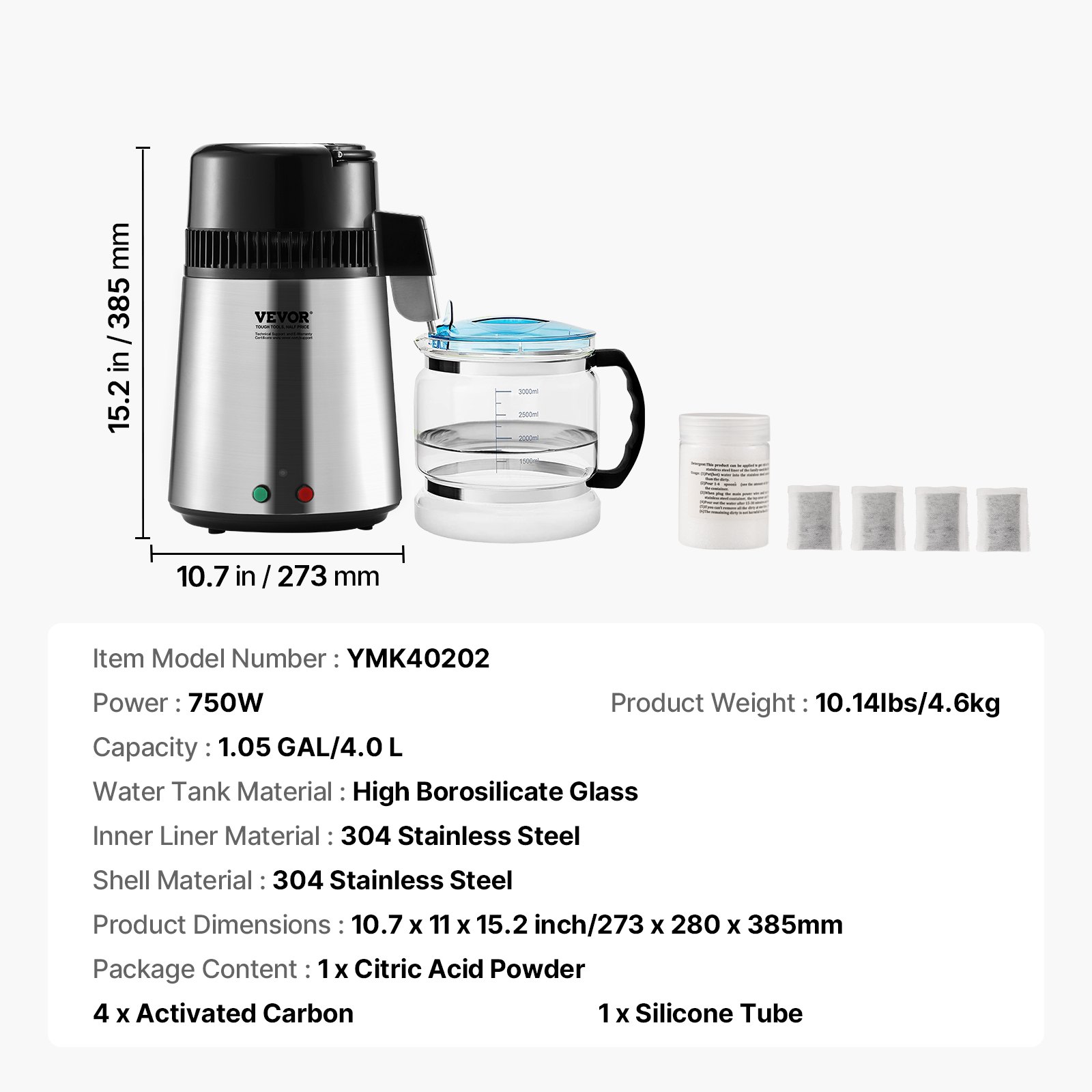 VEVOR Destilador de Agua 4 L Máquina de Agua Destilada 1 L/h 24 L/día Máquina de Destilación de Agua Interior en Acero Inoxidable de Grado Alimenticio Alta Eficiencia para Purificar Agua del Grifo