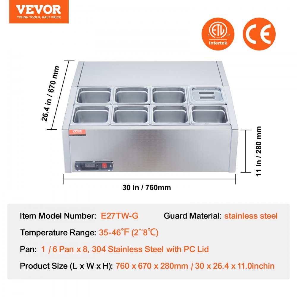 VEVOR Estación de Preparación de Condimentos Refrigerada, Estación de Condimentos Refrigerada para Encimera de 145 W, Mesa de Preparación con Protector de Acero Inoxidable de 760 x 670 x 280 mm