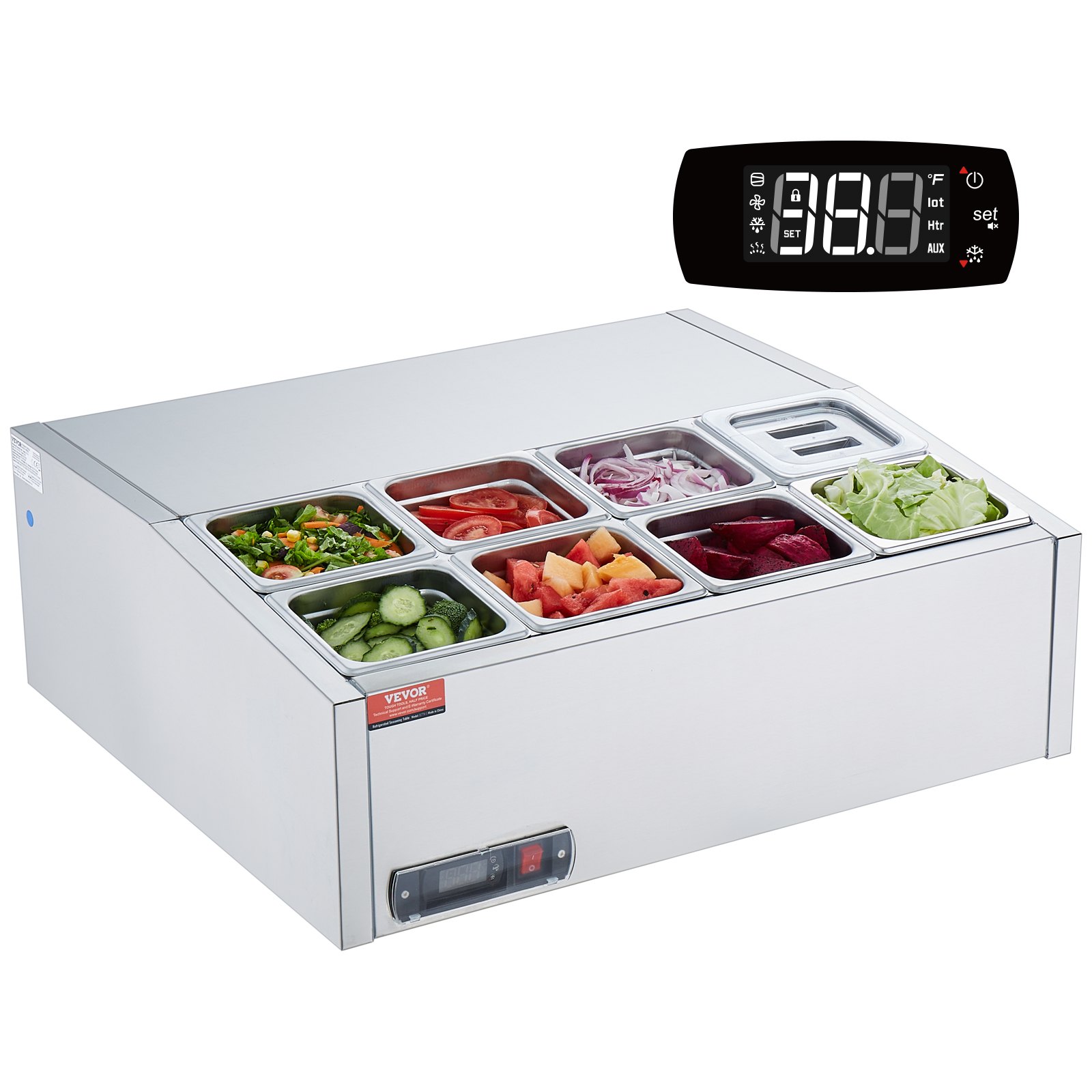 VEVOR Estación de Preparación de Condimentos Refrigerada, Estación de Condimentos Refrigerada para Encimera de 145 W, Mesa de Preparación con Protector de Acero Inoxidable de 760 x 670 x 280 mm