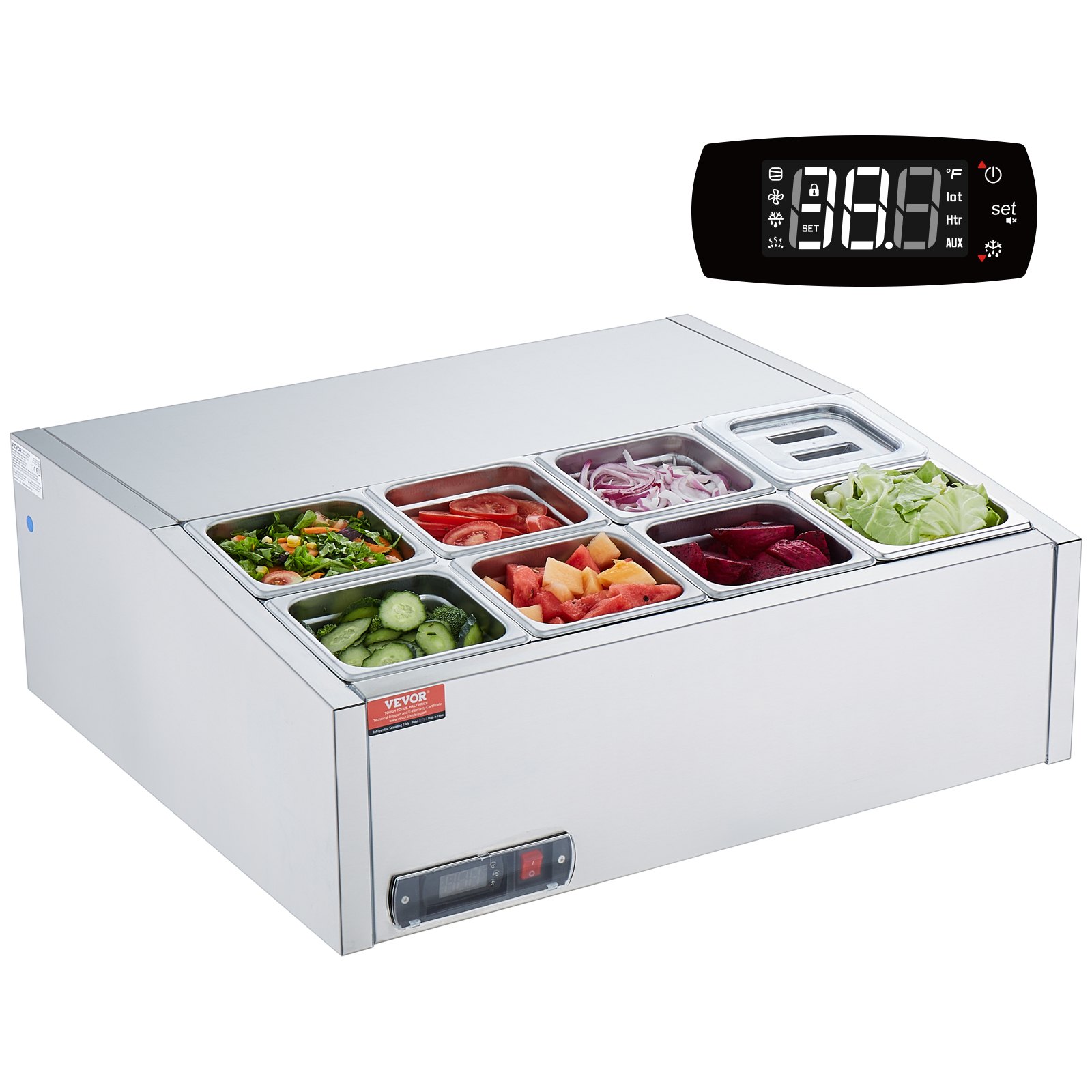 VEVOR Estación de Preparación de Condimentos Refrigerada, Estación de Condimentos Refrigerada para Encimera de 145 W, Mesa de Preparación con Protector de Acero Inoxidable de 760 x 670 x 280 mm