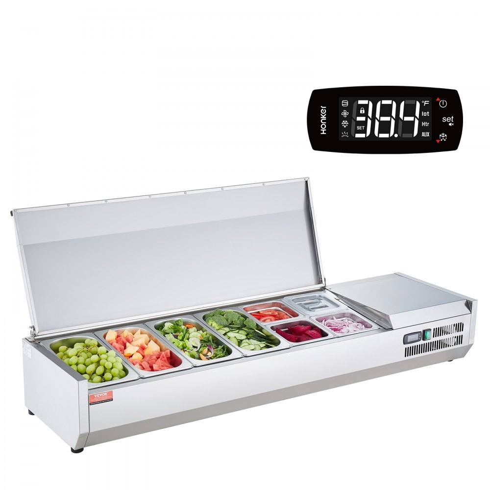 VEVOR Estación de Preparación de Condimentos Refrigerada, Estación de Condimentos Refrigerada para Encimera de 155 W, Cuerpo Inoxidable 304 y Tapa de PC, Mesa de Preparación 1480 x 404 x 280 mm