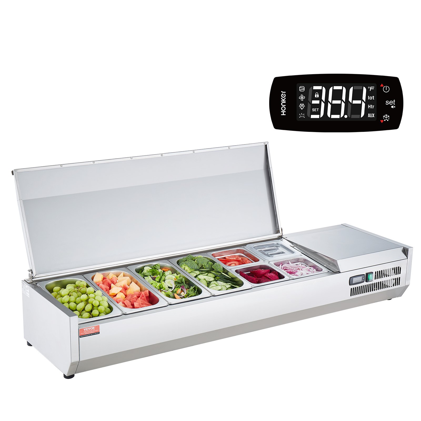 VEVOR Estación de Preparación de Condimentos Refrigerada, Estación de Condimentos Refrigerada para Encimera de 155 W, Cuerpo Inoxidable 304 y Tapa de PC, Mesa de Preparación 1480 x 404 x 280 mm