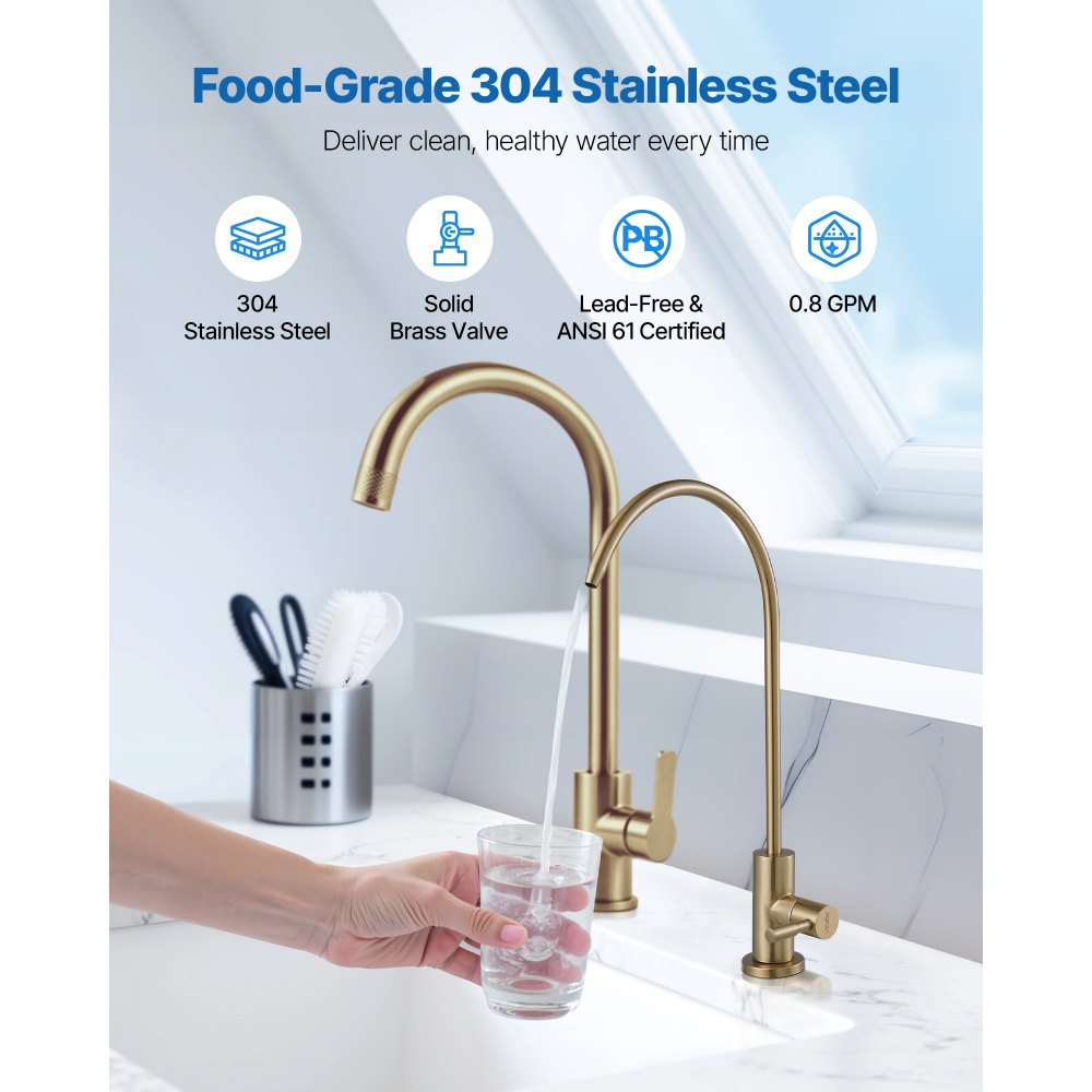 VEVOR Grifo de Acero Inoxidable para Agua Potable sin Plomo, con Válvula de Latón Macizo, para Fregadero de Cocina, Bar, Cafetería, Dorado Cepillado, Resistente a la Corrosión, 370 x 175 x 28 mm