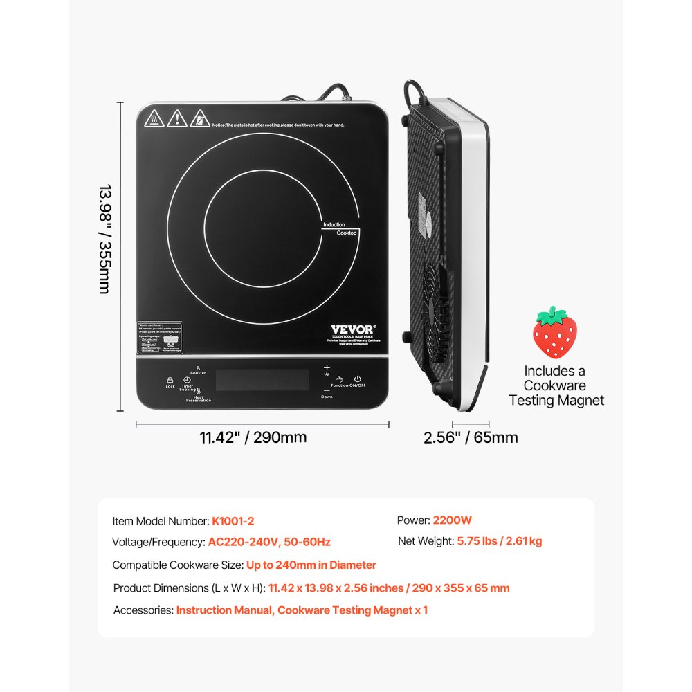 VEVOR Placa de Inducción Portátil, Quemador de Inducción Eléctrico de 2200 W con 9 Configuraciones de Temperatura, con Temporizador de 4 Horas, Reserva de 24 Horas, para Cocinar, 290 x 355 x 65 mm