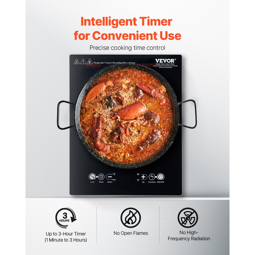 VEVOR Placa de Inducción Portátil, Quemador de Inducción Eléctrico de 2200 W con 11 Configuraciones de Temperatura, con Temporizador 3 Horas, para Cocinar en la Cocina del Hogar, 280 x 350 x 68 mm