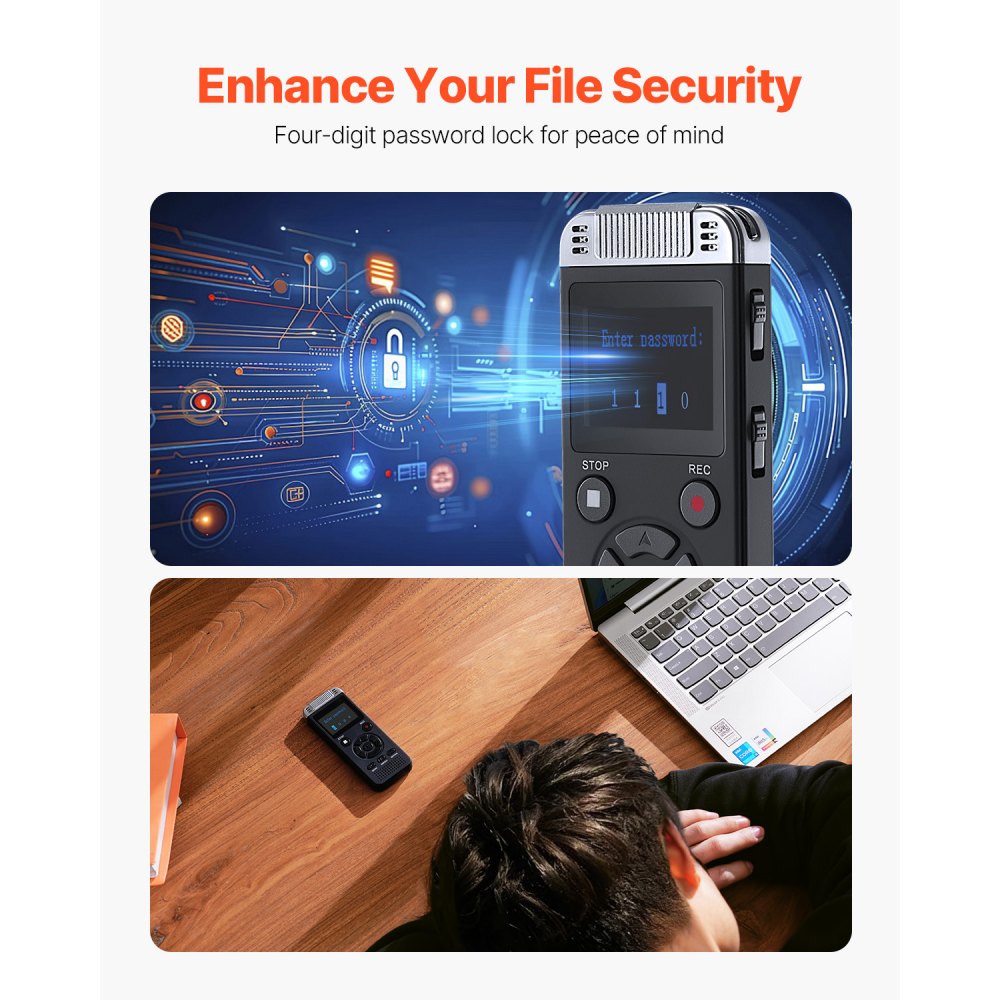 VEVOR Digital Voice Recorder, 128 GB, Dictation Device with Playback, Password-Proof Audio Recorder USB, 8730 Hours of Storage, 40 Hours of Continuous Recording, for Lectures and Meetings