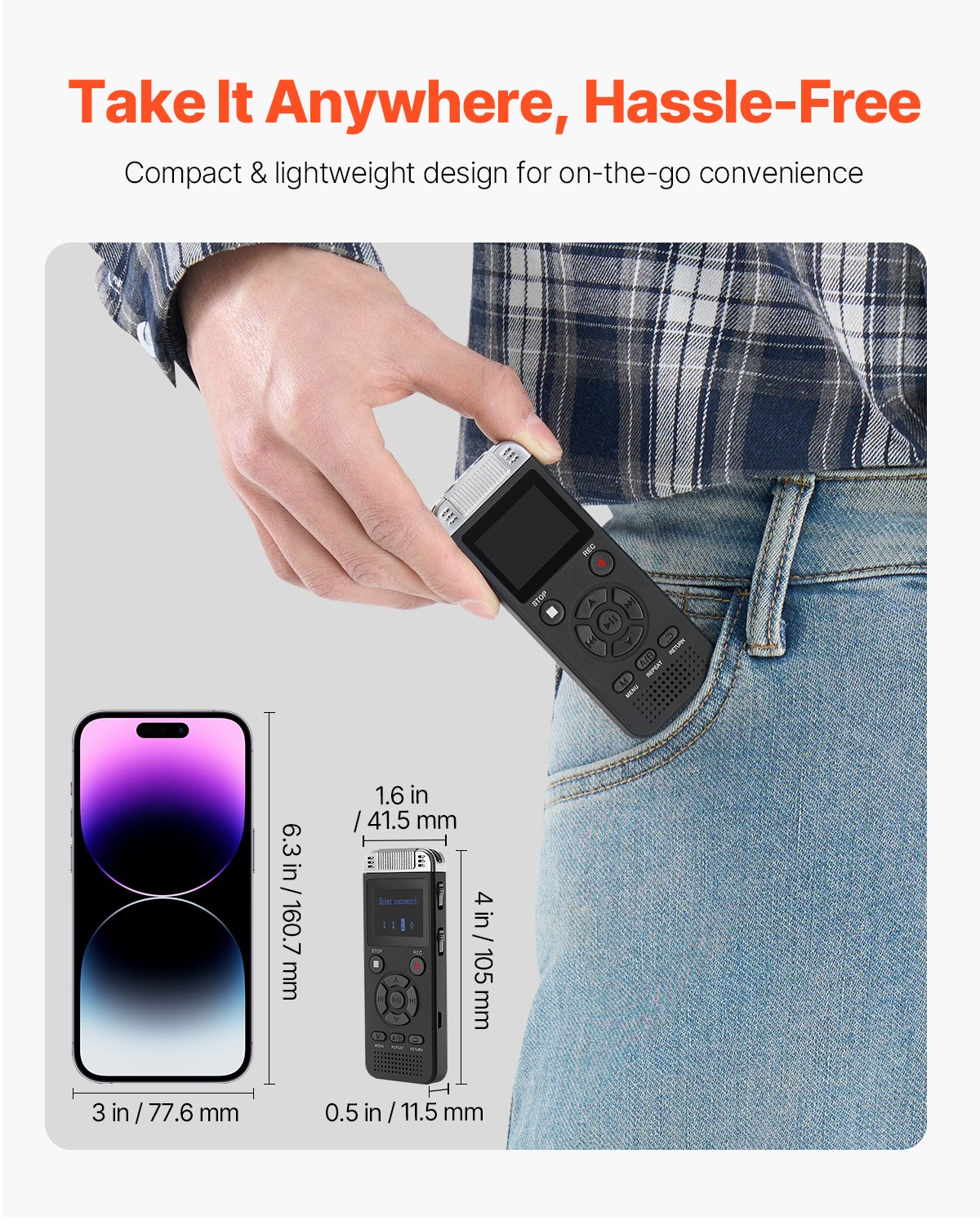 VEVOR Digital Voice Recorder, 128 GB, Dictation Device with Playback, Password-Proof Audio Recorder USB, 8730 Hours of Storage, 40 Hours of Continuous Recording, for Lectures and Meetings