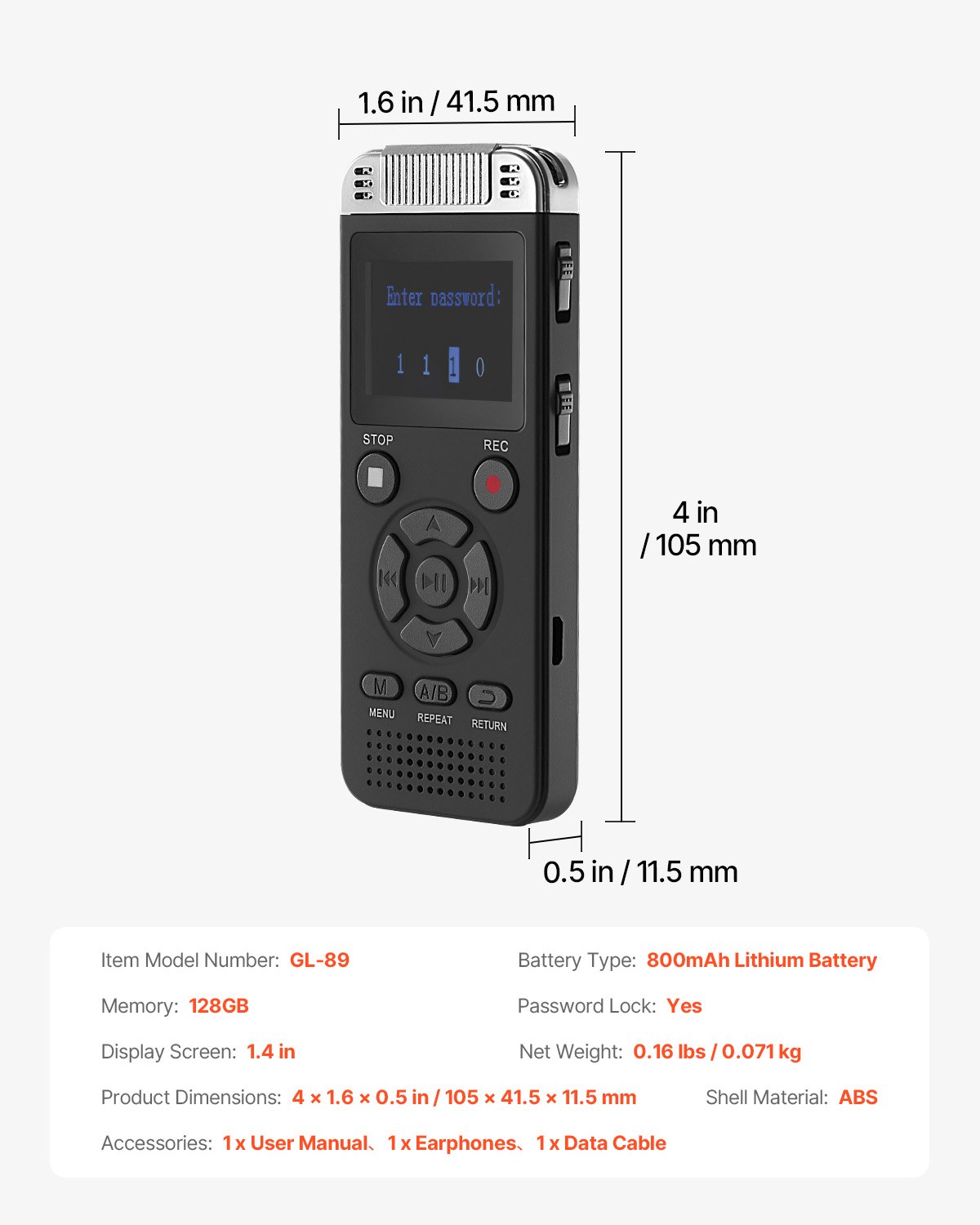 VEVOR Digital Voice Recorder, 128 GB, Dictation Device with Playback, Password-Proof Audio Recorder USB, 8730 Hours of Storage, 40 Hours of Continuous Recording, for Lectures and Meetings