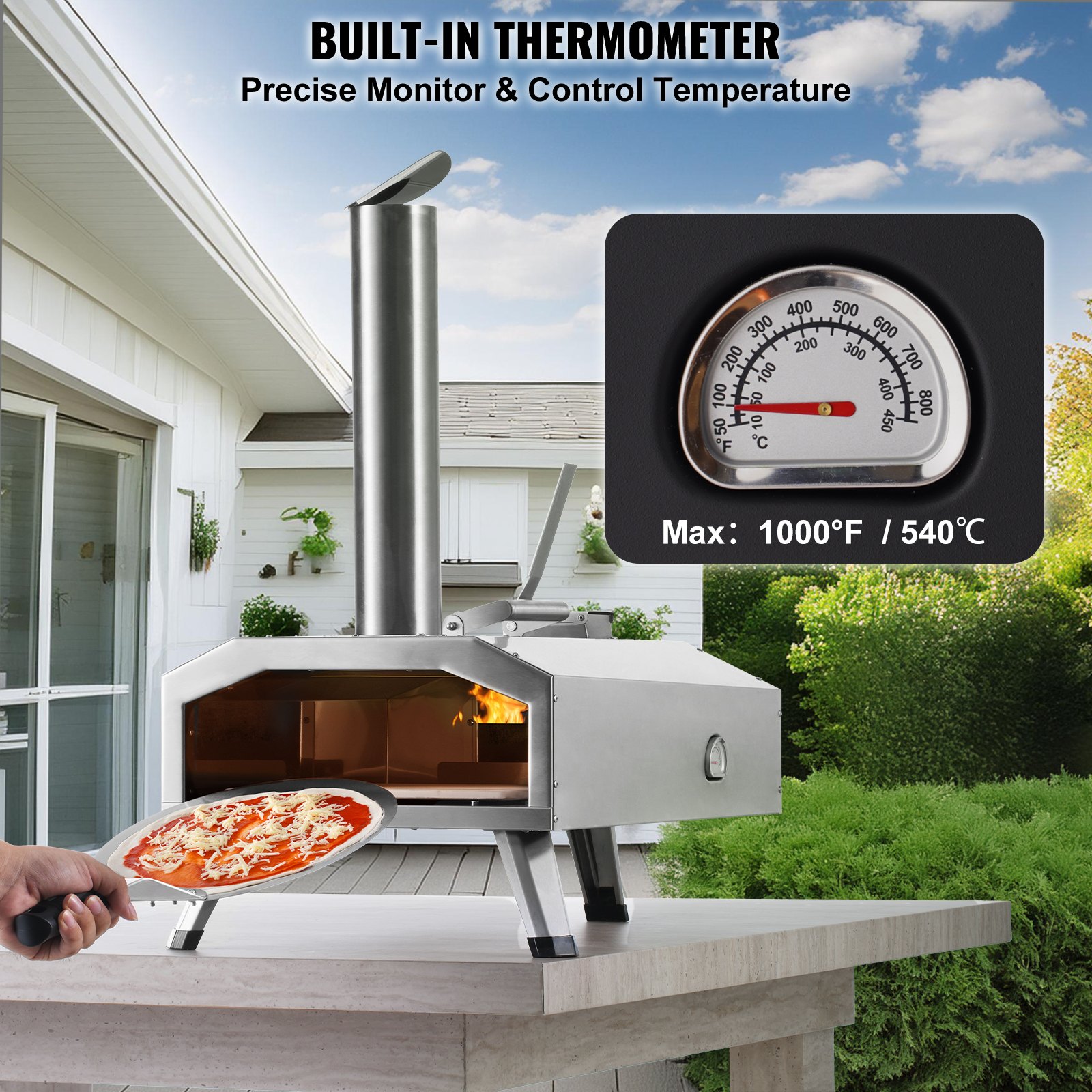 VEVOR Horno portátil para exteriores, horno para pizza de 12 pulgadas, de pellets, patatas fritas y carbón, de triple combustible, parrilla para pizza de acero inoxidable, incluye piedra para pizza, funda impermeable, pala, ideal para acampar y para el patio trasero, color plateado