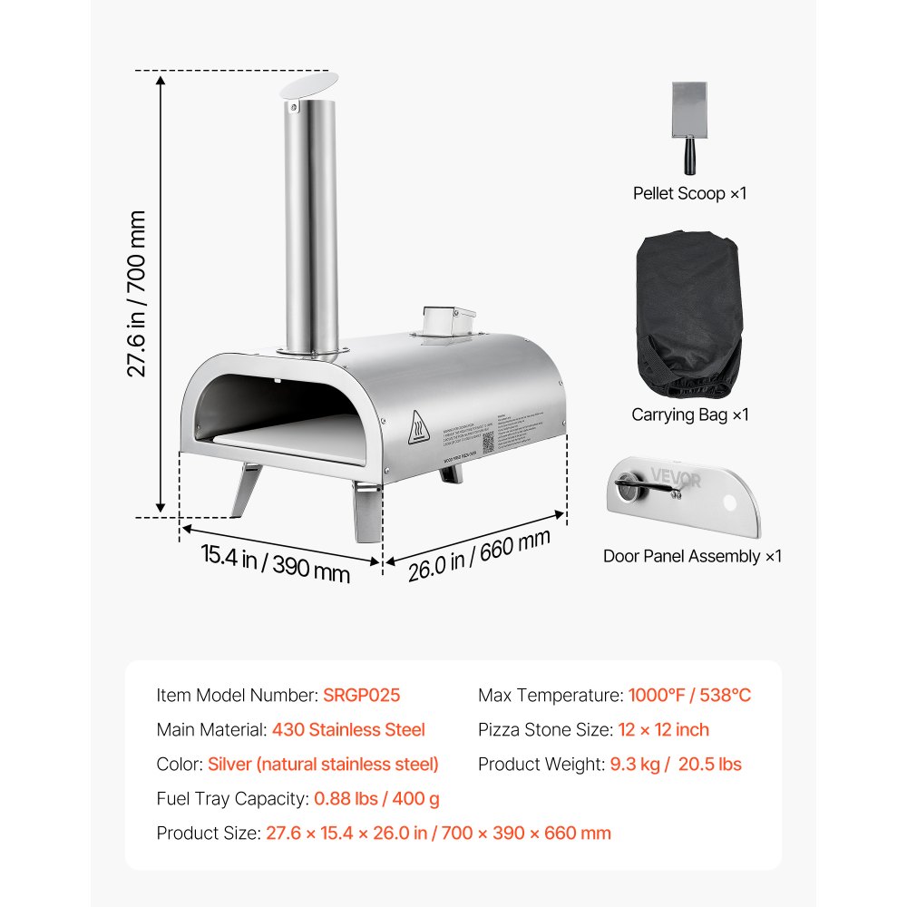 VEVOR Horno de Pizza Portátil para Exteriores de 30 cm, con Termómetro Integrado, para Pizza de Leña de Acero Inoxidable, para Patio, Camping, Incluye Piedra, Pala y Bolsa de Transporte, Plata