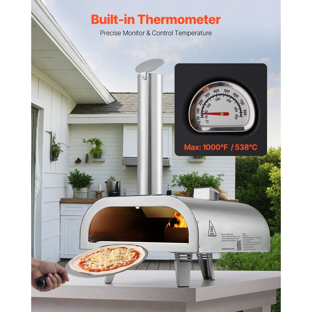 VEVOR Horno de Pizza Portátil para Exteriores de 30 cm, con Termómetro Integrado, para Pizza de Leña de Acero Inoxidable, para Patio, Camping, Incluye Piedra, Pala y Bolsa de Transporte, Plata