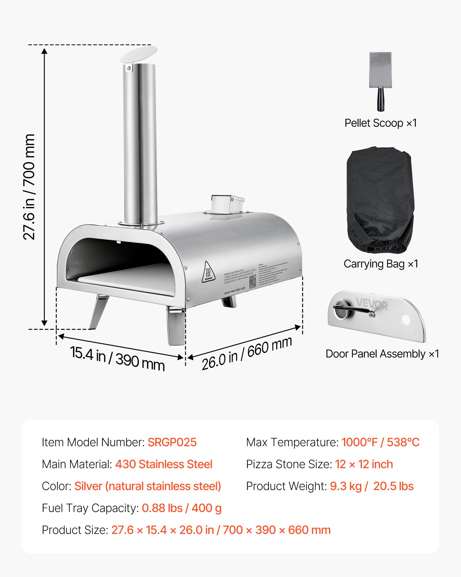 VEVOR Horno de Pizza Portátil para Exteriores de 30 cm, con Termómetro Integrado, para Pizza de Leña de Acero Inoxidable, para Patio, Camping, Incluye Piedra, Pala y Bolsa de Transporte, Plata