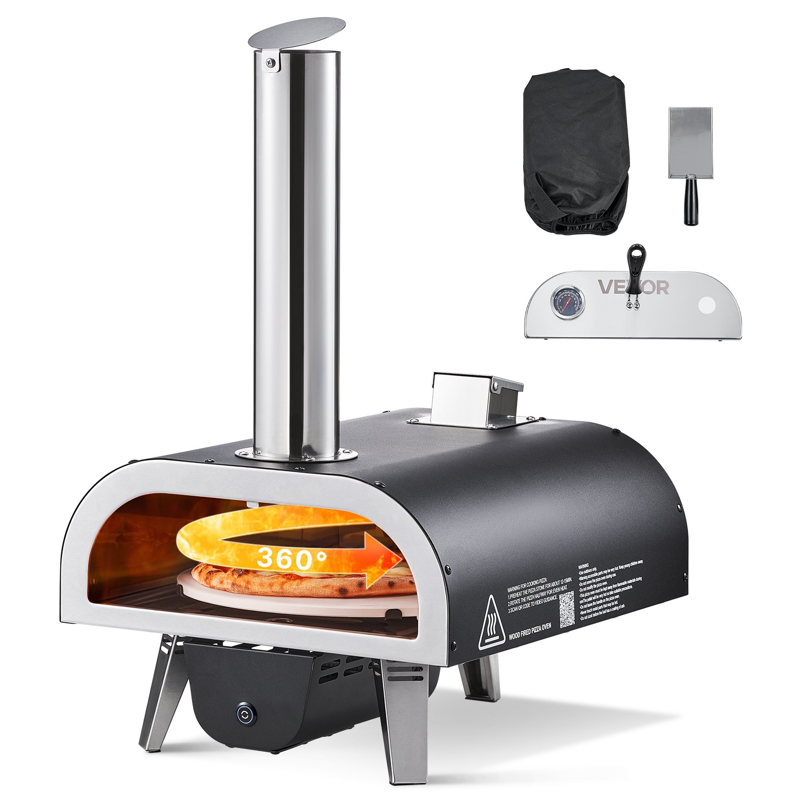 VEVOR Horno de Pizza Portátil para Exteriores, con Termómetro y Rotación Eléctrica, para Acampar en el Jardín, Patio, Piedra para Pizza, Bolsa de Transporte y Pala, Negro, 685 x 390 x 665 mm