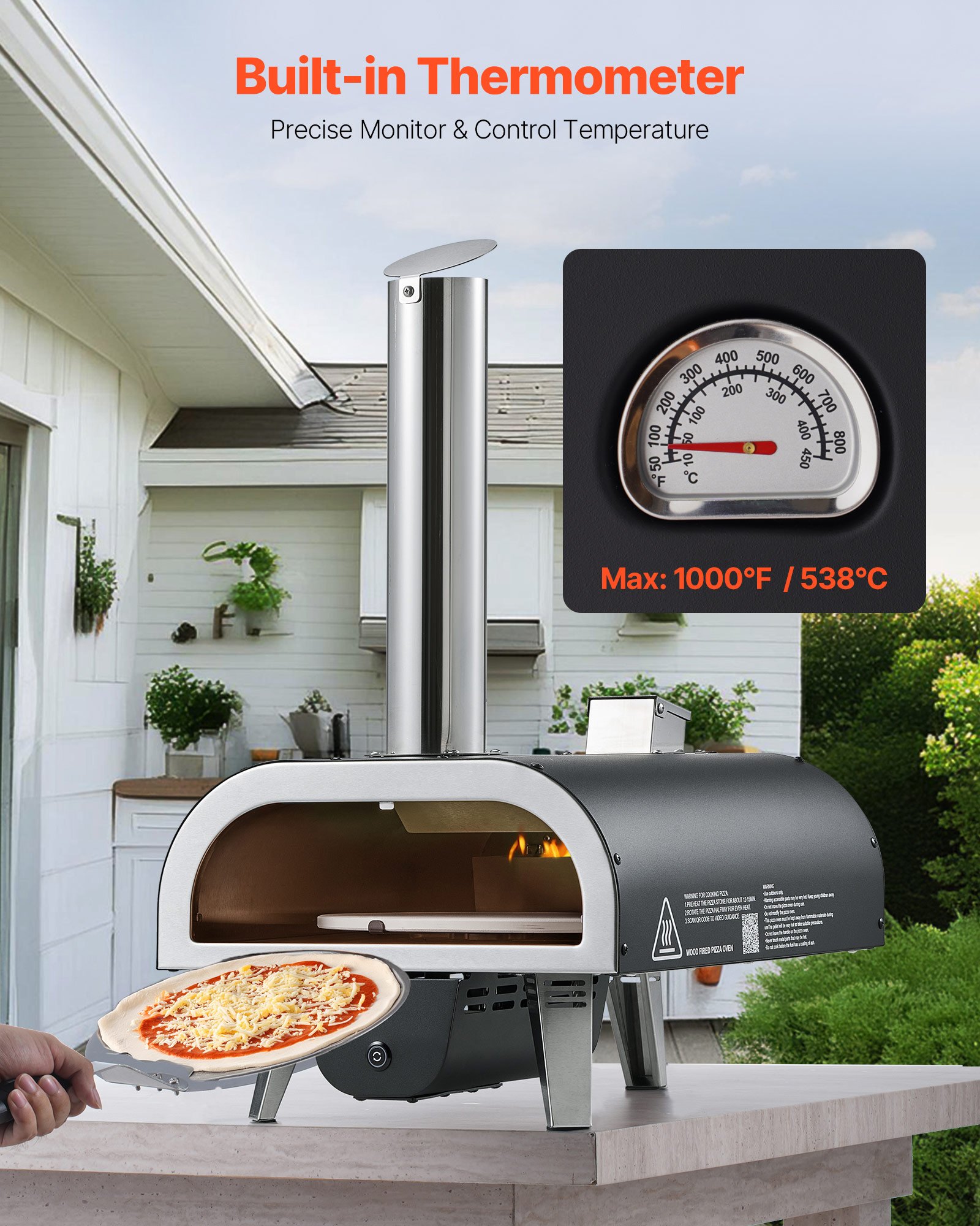 VEVOR Horno de Pizza Portátil para Exteriores, con Termómetro y Rotación Eléctrica, para Acampar en el Jardín, Patio, Piedra para Pizza, Bolsa de Transporte y Pala, Negro, 685 x 390 x 665 mm
