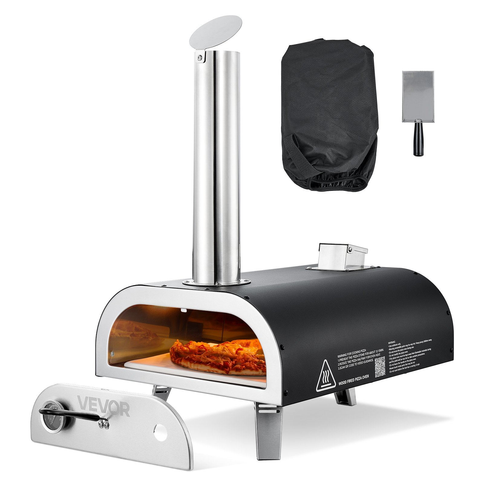 VEVOR Horno de Pizza Portátil para Exteriores de 30 cm, Estufa de Pellets con Termómetro, para Exteriores, Patio, Camping, Piedra para Pizza, Bolsa de Transporte, Pala, Negro, 700 x 390 x 660 mm