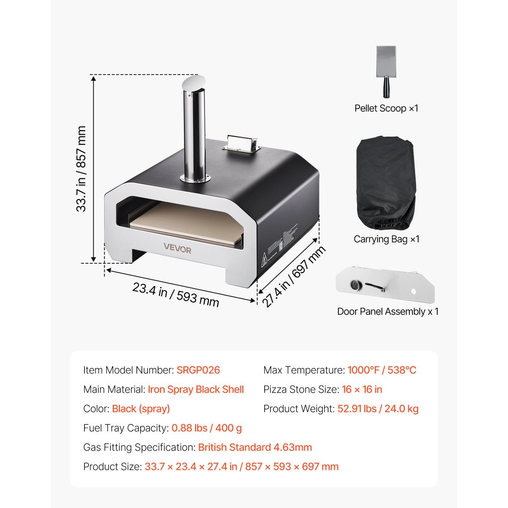 VEVOR Horno de Pizza para Exteriores 406,4 mm, de Gas Propano/Pellet, con Termómetro y Rotación Eléctrica, para Acampar en el Jardín o la Terraza con Pala de Piedra para Pizza, 857 x 593 x 697 mm