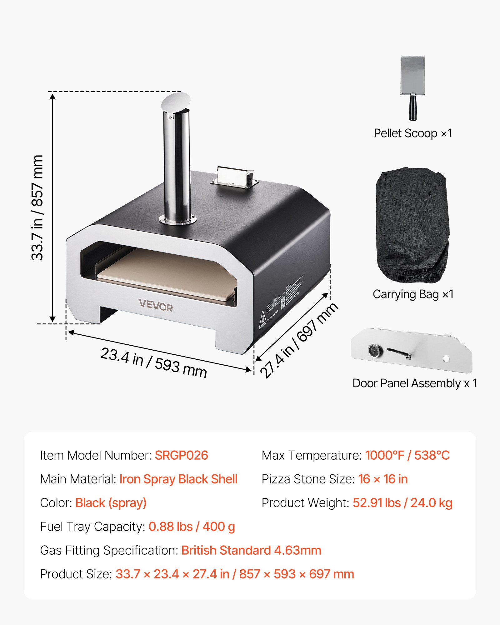 VEVOR Horno de Pizza para Exteriores 406,4 mm, de Gas Propano/Pellet, con Termómetro y Rotación Eléctrica, para Acampar en el Jardín o la Terraza con Pala de Piedra para Pizza, 857 x 593 x 697 mm