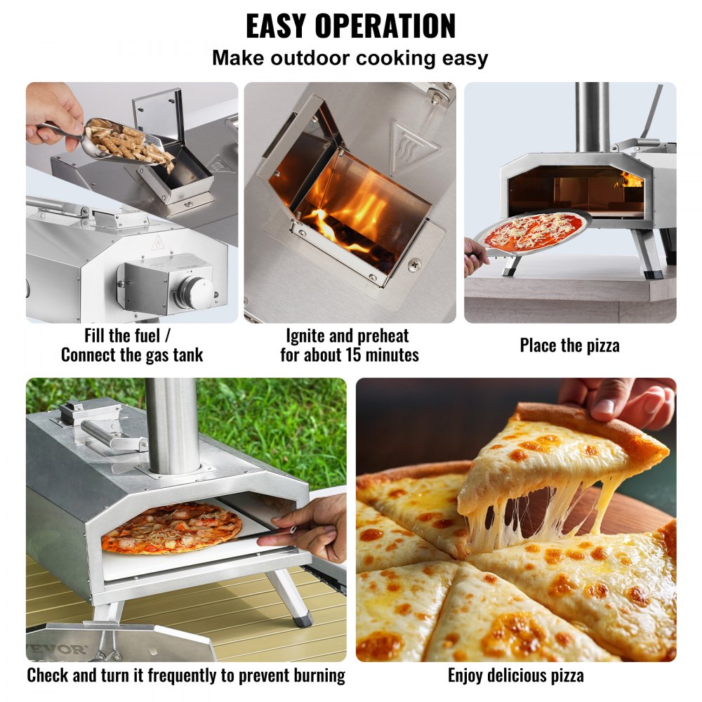 Horno de pizza de combustible dual VEVOR para uso al aire libre, horno de pizza portátil de 12", horno de pizza para exteriores alimentado con pellets y gas con piedra de pizza de cordierita espesa, pata plegable para acampar y patio trasero