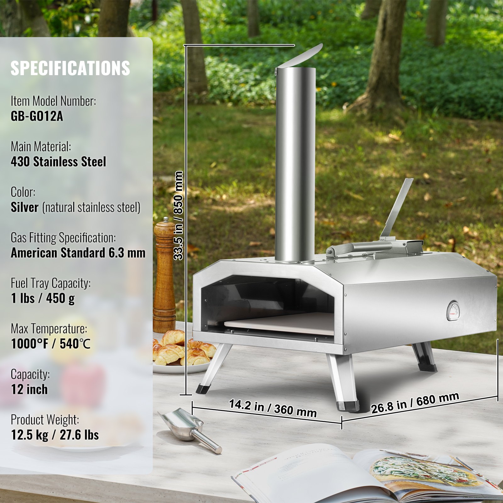 Horno de pizza de combustible dual VEVOR para uso al aire libre, horno de pizza portátil de 12", horno de pizza para exteriores alimentado con pellets y gas con piedra de pizza de cordierita espesa, pata plegable para acampar y patio trasero