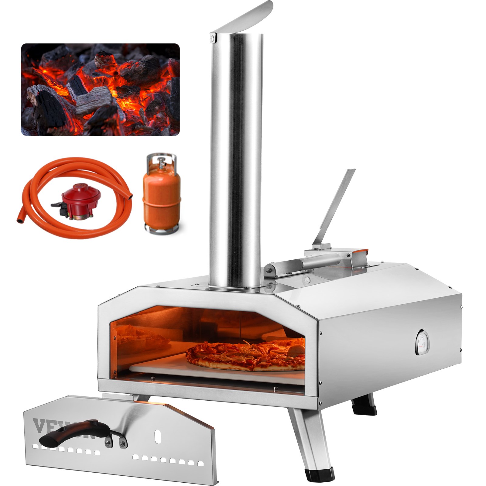 Horno de pizza de combustible dual VEVOR para uso al aire libre, horno de pizza portátil de 12", horno de pizza para exteriores alimentado con pellets y gas con piedra de pizza de cordierita espesa, pata plegable para acampar y patio trasero
