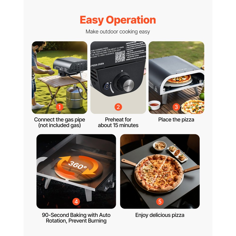 VEVOR Horno de Pizza para Exteriores, de Gas Propano, con Rotación Eléctrica y Piedra para Pizza Gruesa, Portátil, para Acampar, Jardín, Patio y con Bolsa de Transporte, Negro, 470 x 430 x 270 mm