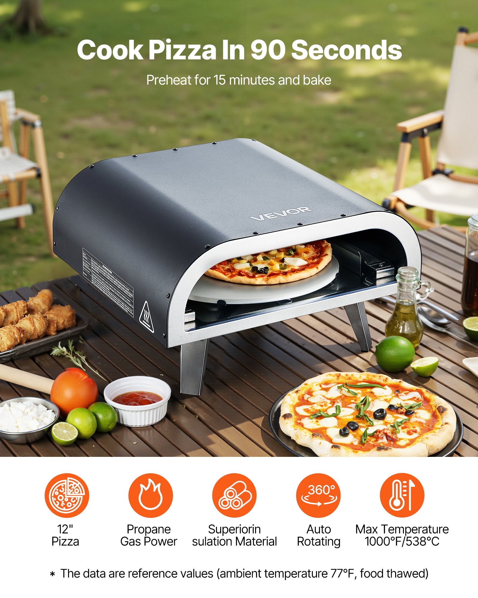 VEVOR Horno de Pizza para Exteriores, de Gas Propano, con Rotación Eléctrica y Piedra para Pizza Gruesa, Portátil, para Acampar, Jardín, Patio y con Bolsa de Transporte, Negro, 470 x 430 x 270 mm