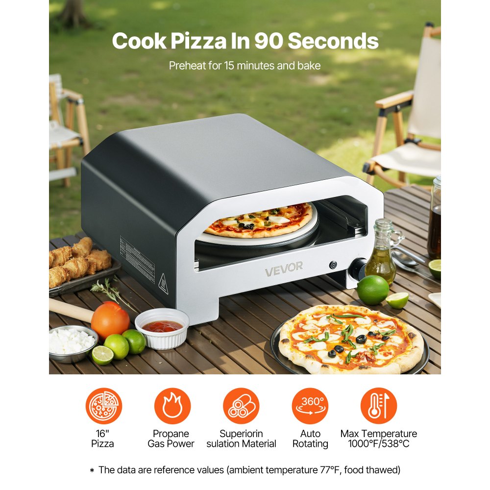 VEVOR Horno de Pizza Portátil para Exteriores, 40 cm, a Gas Propano, con Rotación Eléctrica, Piedra para Pizza Gruesa, Bolsa de Transporte, para Patio, Camping, Color Negro, 603 x 593 x 324 mm