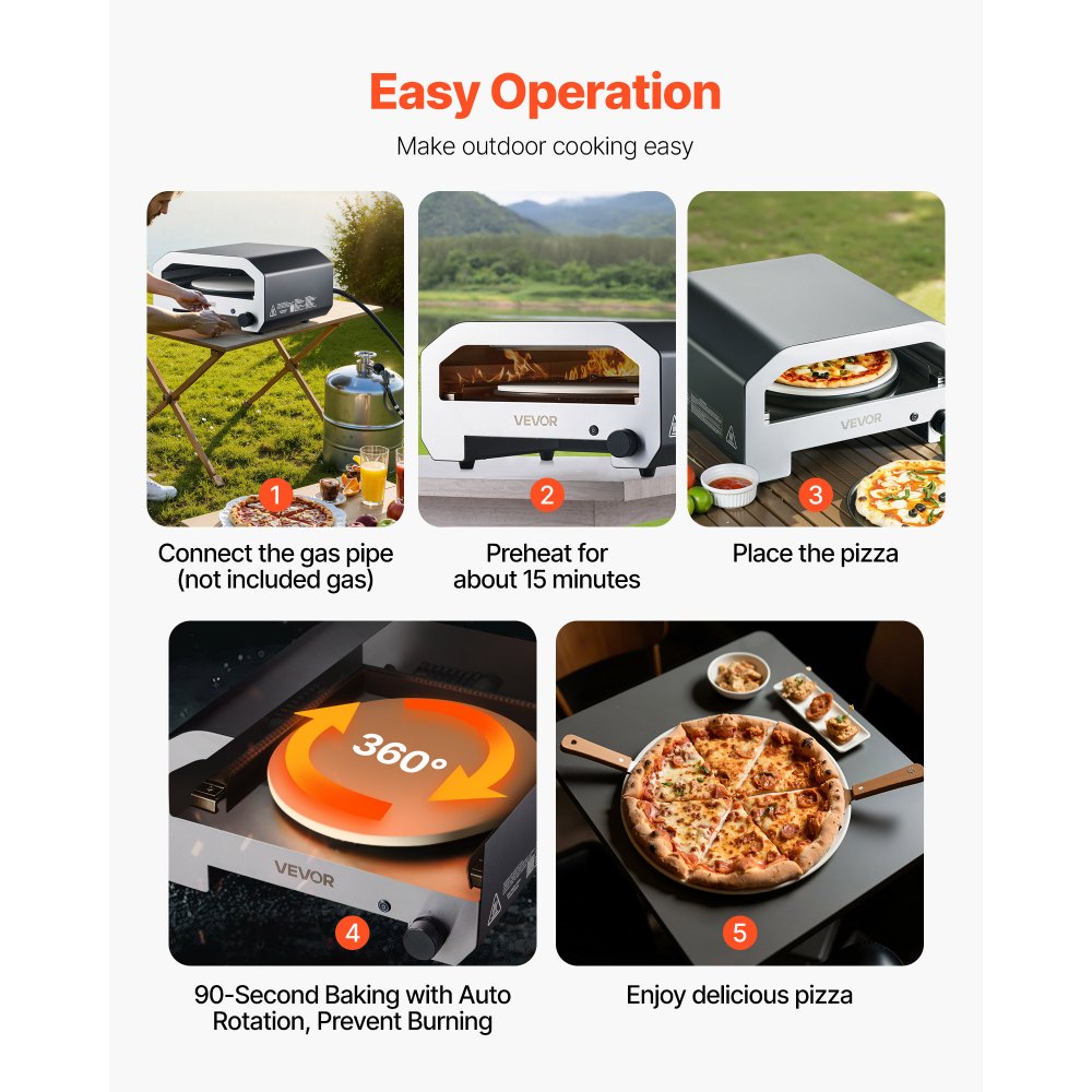 VEVOR Horno de Pizza Portátil para Exteriores, 40 cm, a Gas Propano, con Rotación Eléctrica, Piedra para Pizza Gruesa, Bolsa de Transporte, para Patio, Camping, Color Negro, 603 x 593 x 324 mm