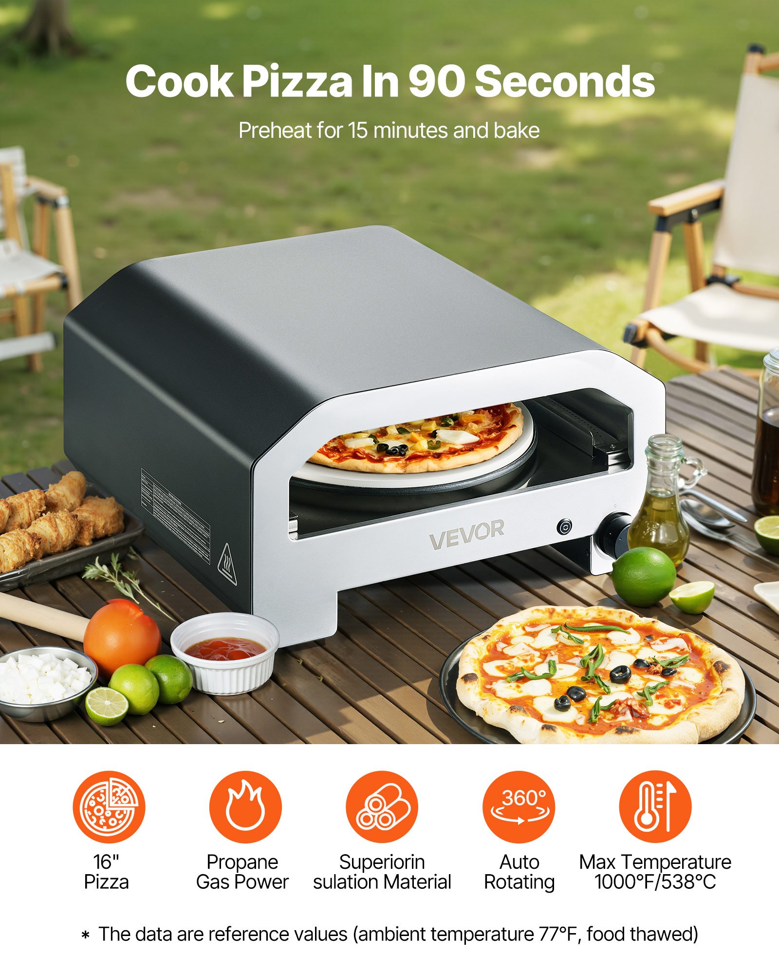 VEVOR Horno de Pizza Portátil para Exteriores, 40 cm, a Gas Propano, con Rotación Eléctrica, Piedra para Pizza Gruesa, Bolsa de Transporte, para Patio, Camping, Color Negro, 603 x 593 x 324 mm