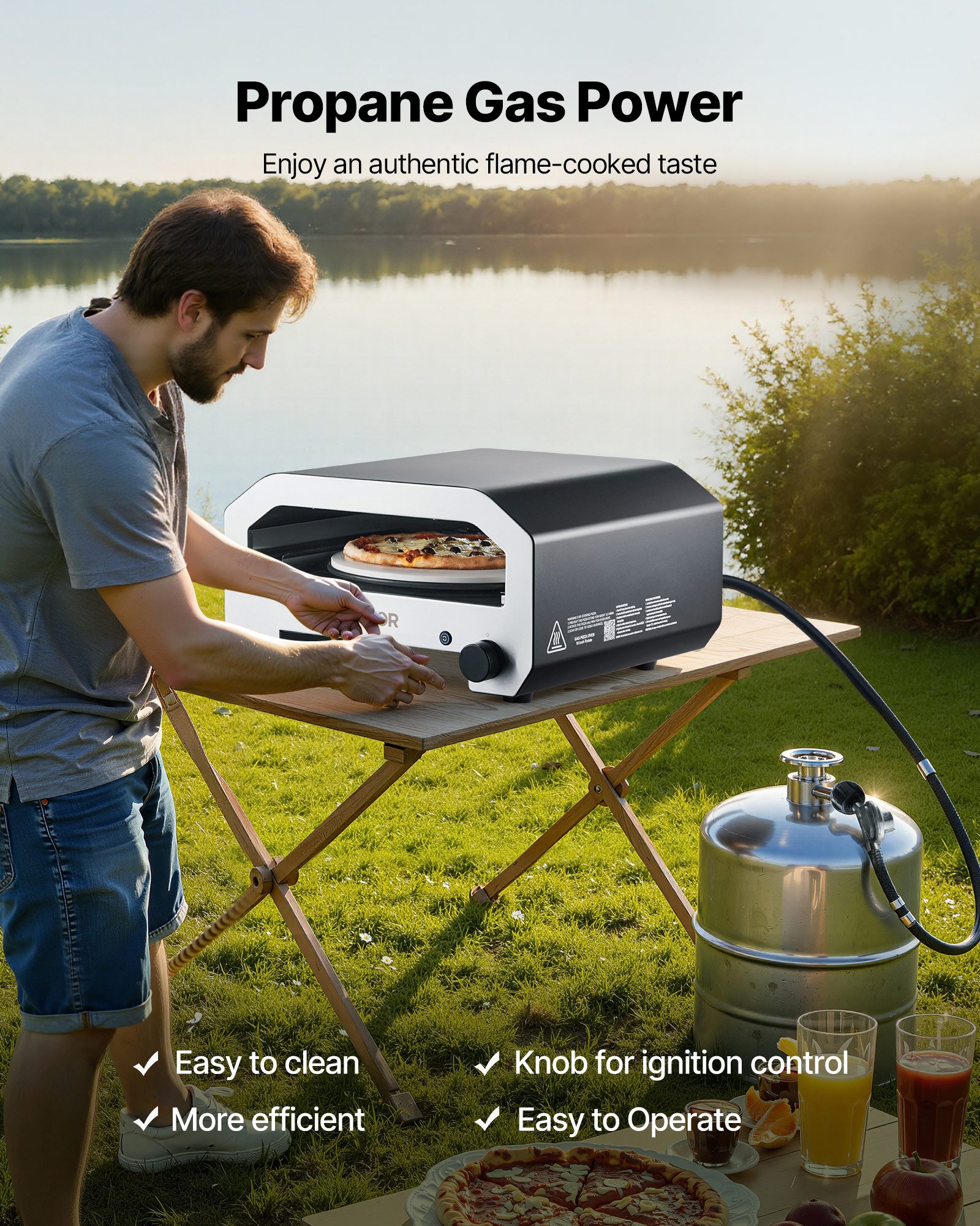 VEVOR Horno de Pizza Portátil para Exteriores, 40 cm, a Gas Propano, con Rotación Eléctrica, Piedra para Pizza Gruesa, Bolsa de Transporte, para Patio, Camping, Color Negro, 603 x 593 x 324 mm