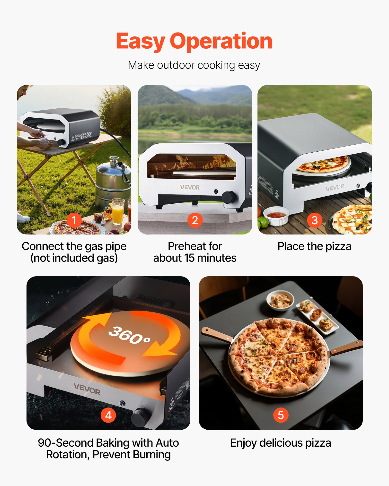 VEVOR Horno de Pizza Portátil para Exteriores, 40 cm, a Gas Propano, con Rotación Eléctrica, Piedra para Pizza Gruesa, Bolsa de Transporte, para Patio, Camping, Color Negro, 603 x 593 x 324 mm