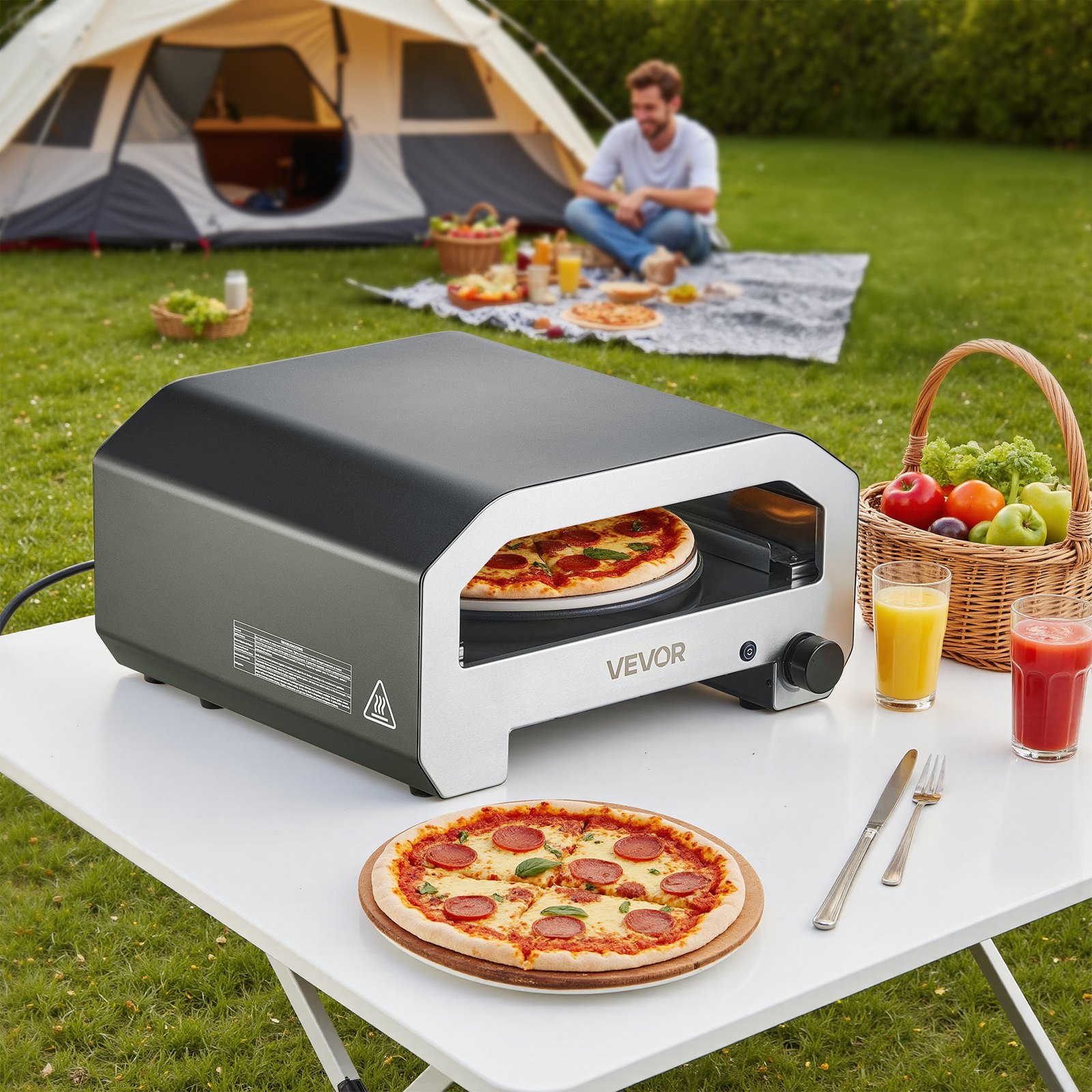VEVOR Horno de Pizza Portátil para Exteriores, 40 cm, a Gas Propano, con Rotación Eléctrica, Piedra para Pizza Gruesa, Bolsa de Transporte, para Patio, Camping, Color Negro, 603 x 593 x 324 mm