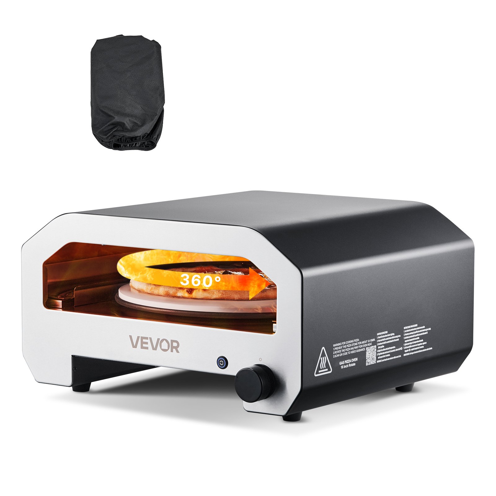 VEVOR Horno de Pizza Portátil para Exteriores, 40 cm, a Gas Propano, con Rotación Eléctrica, Piedra para Pizza Gruesa, Bolsa de Transporte, para Patio, Camping, Color Negro, 603 x 593 x 324 mm