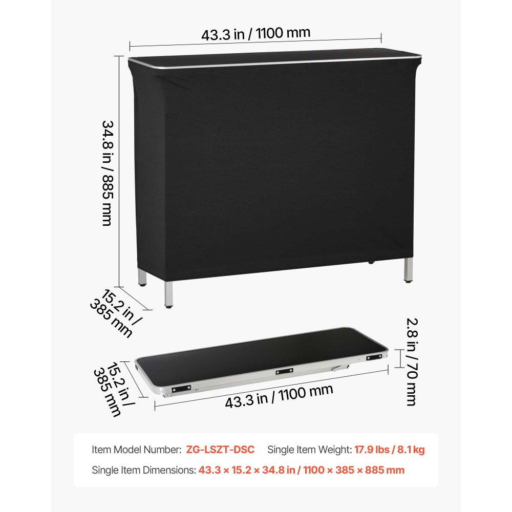 VEVOR Mesa de Bar Portátil 1100 x 390 x 880 mm, Barra de Fiesta Plegable, con Soportes Laterales Falda Estante de Almacenamiento Bolsa de Transporte, Estación de Bar Exterior para Feria Eventos Fiesta