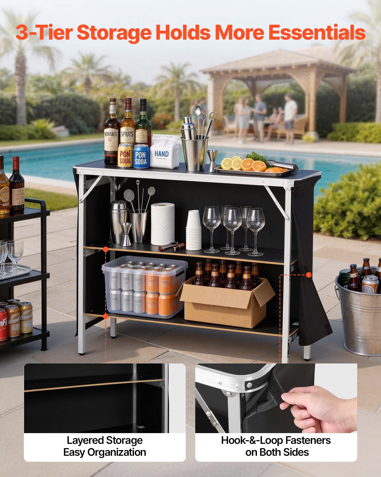 VEVOR Mesa de Bar Portátil 1100 x 390 x 880 mm, Barra de Fiesta Plegable, con Soportes Laterales Falda Estante de Almacenamiento Bolsa de Transporte, Estación de Bar Exterior para Feria Eventos Fiesta