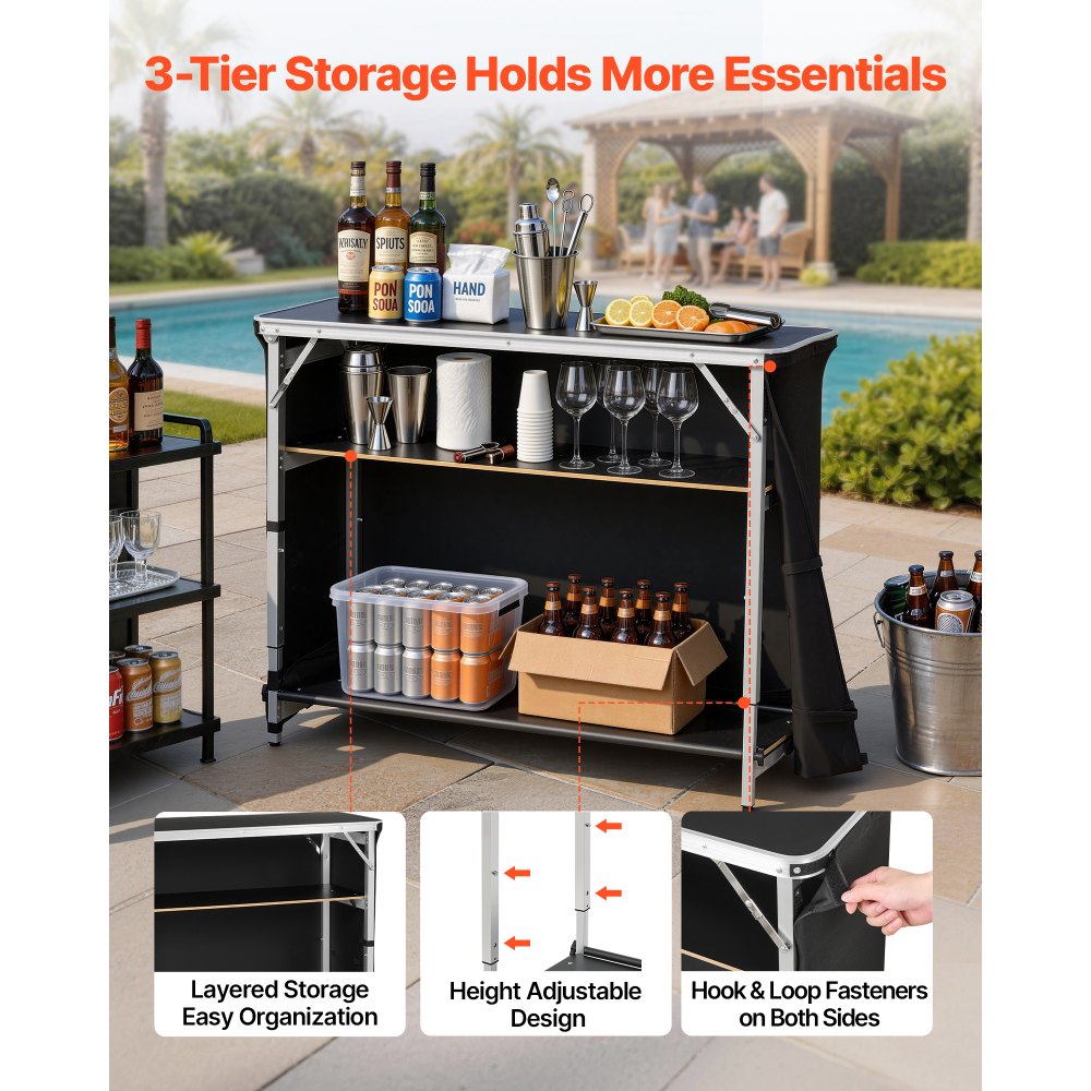 VEVOR Mesa de Bar Portátil 1105 x 390 x 1010 mm, Estación de Bar Plegable, Altura Ajustable, con Funda 2 Estantes de Almacenamiento Bolsa de Transporte, Barra de Bar Exterior para Eventos Feria Fiesta