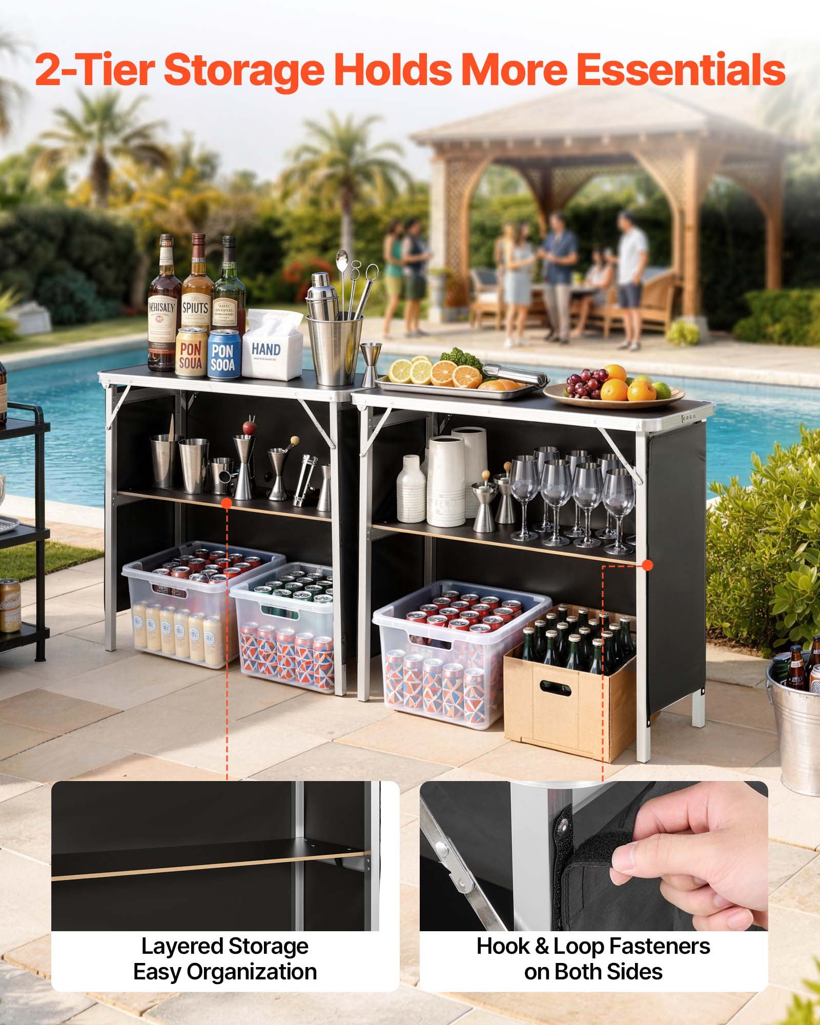 VEVOR Mesa de Bar Portátil, Paquete de 2 Unidades, 980 x 385 x 870 mm, Estación de Bar Móvil, con Faldas Estante de Almacenamiento Bolsa de Transporte, Barra de Fiesta Plegable para Eventos Ferias