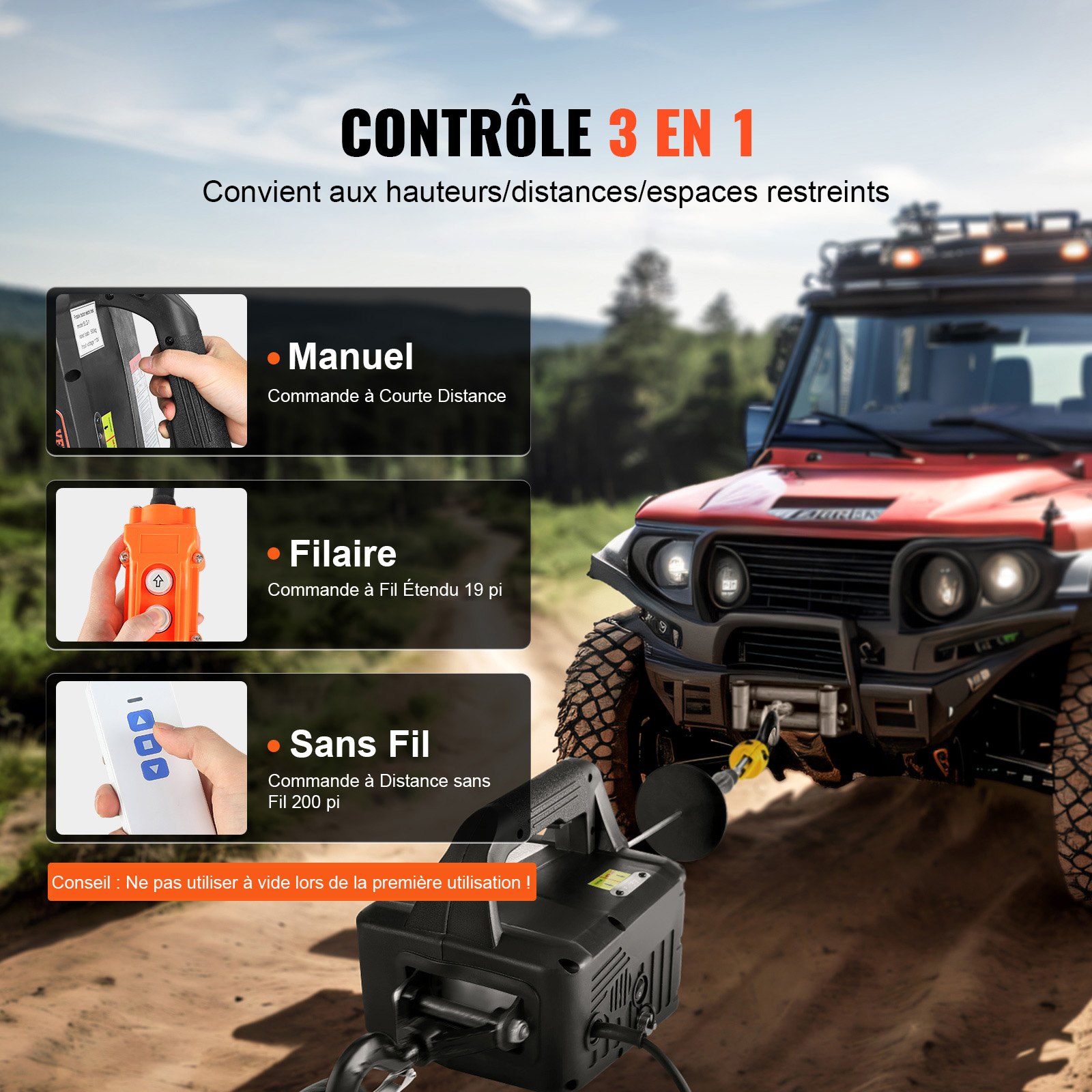 VEVOR 3 en 1 Polipasto Eléctrico 1500W Cabrestante Eléctrico Portátil 498,95 kg Altura de Elevación 7 m Velocidad 4 m/min Control Remoto Inalámbrico y por Cable para Garaje Almacén Remolque de Fábrica