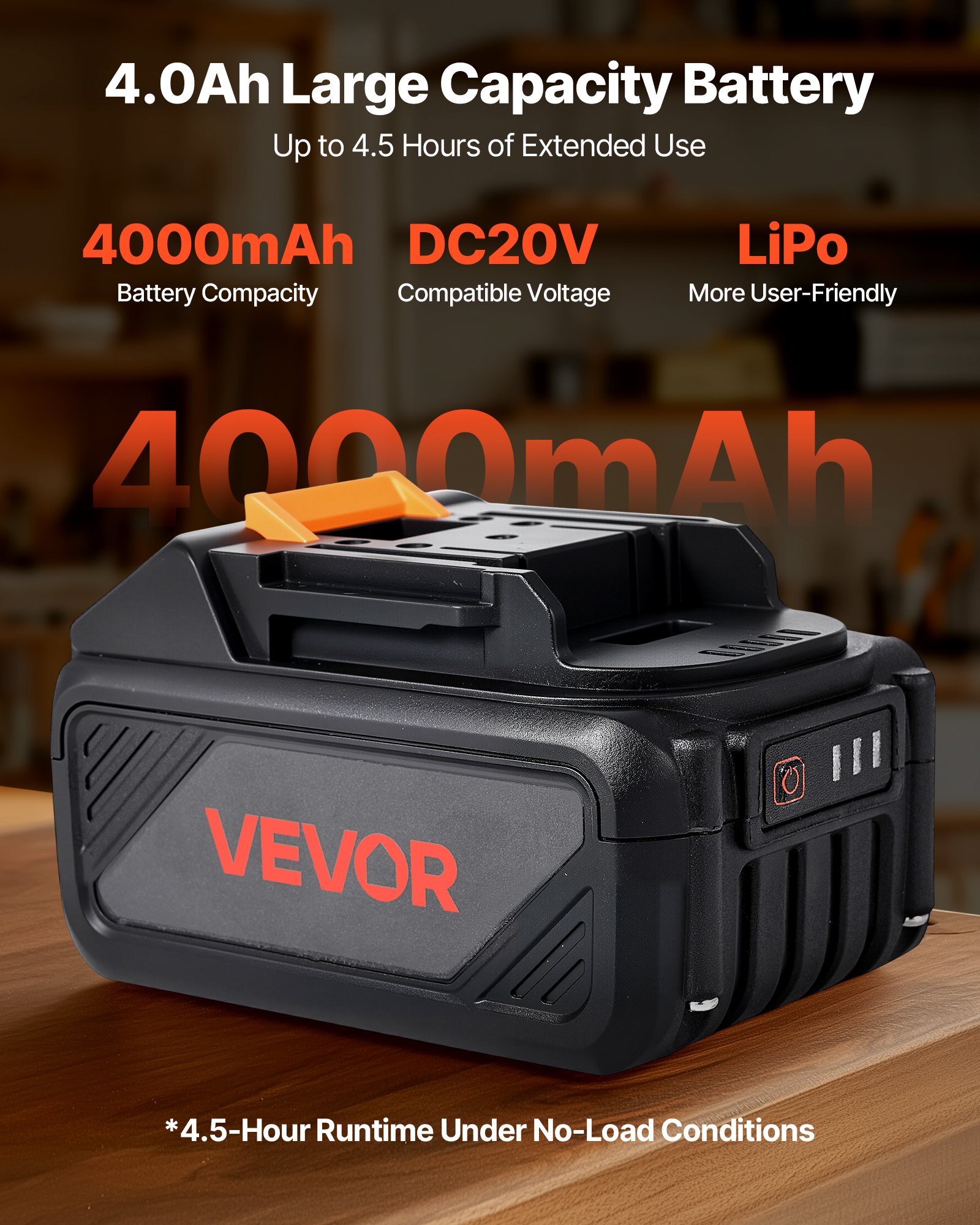 VEVOR 20V MAX, Portable Battery and Charger Combo, AC 220V, 4.0 Ah Lithium-Ion Battery Pack, 4000 mAh Large Capacity, Extended Runtime, Compatible with Series Tools, for Replacement and Fast Charging