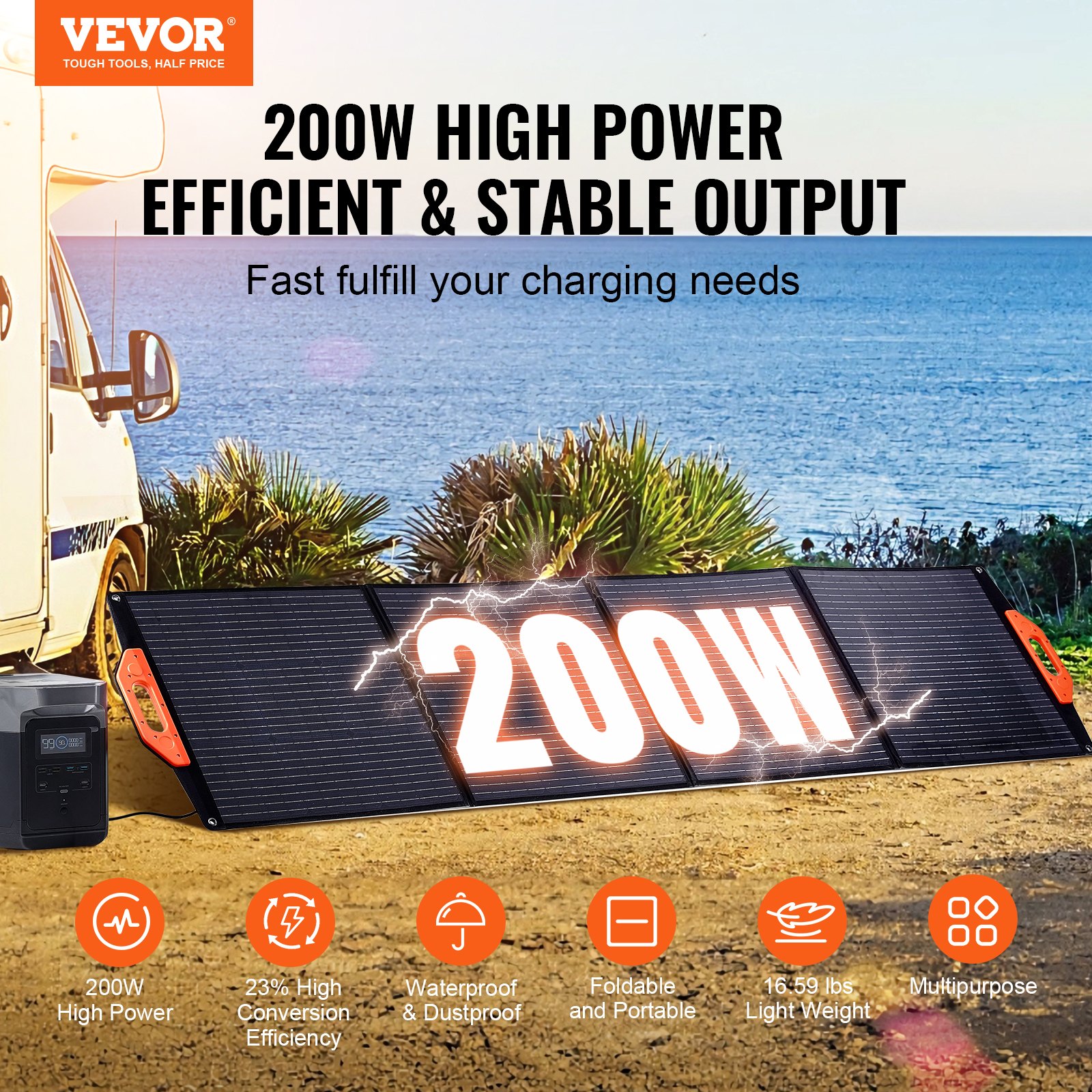 VEVOR 200W Solar Panel Kit 18V Monocrystalline Solar Module Waterproof ETFE Surface (IP67) Solar System Conversion Rate of 23% incl. 4-in-1 MC4 Adapter Cable Ideal for RVs Yachts Home