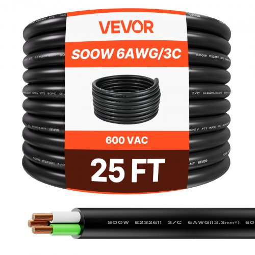 VEVOR Cable de Extensión de Alimentación Eléctrica de 7,62 m 6 AWG (16 mm²) 3 Conductores