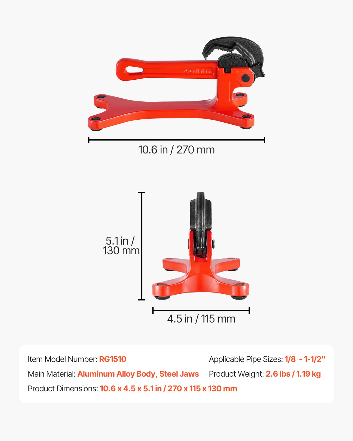 VEVOR Tornillo de Banco Portátil para Tuberías de Aluminio Liviano, Capacidad de Sujeción 0,32 a 3,8 cm, para Instalación, Reparación y Mantenimiento de Plomería en el Lugar, 270 x 115 x 130 mm