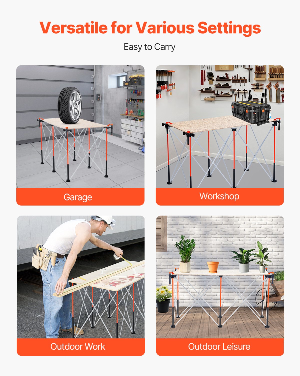 VEVOR Portable Folding Assembly Stand (1266 x 665 x 733 mm), Collapsible Workbench Stand with 1135 kg Load Capacity & Storage Bag (no tabletop) for Garage Workshop