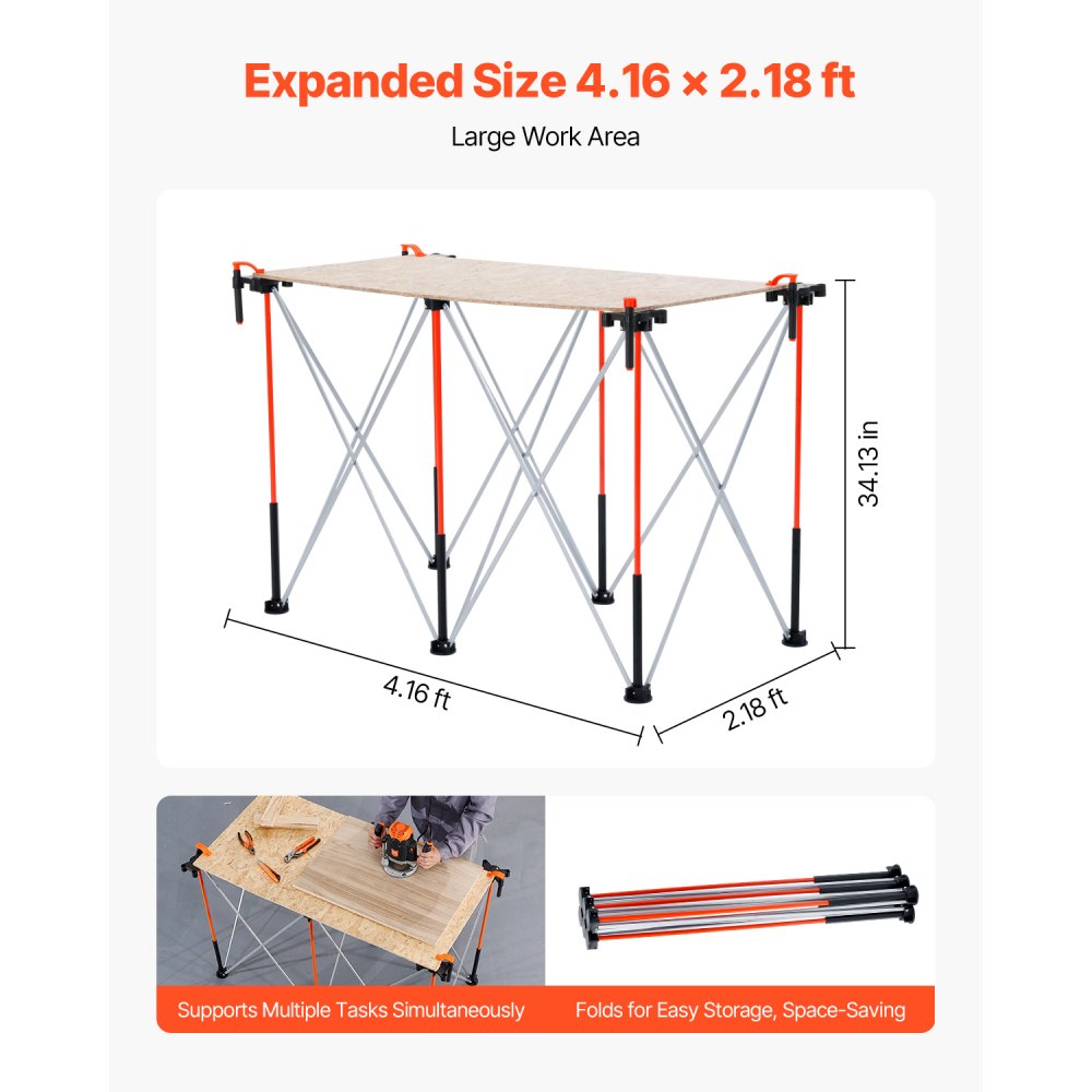 VEVOR Banco de Trabajo Plegable Portátil, Banco de Trabajo 1267 x 665 x 867 mm con Bolsa de Almacenamiento (Tablero no Incluido), Capacidad de Peso de 1135 kg para Garaje, Taller y Exterior