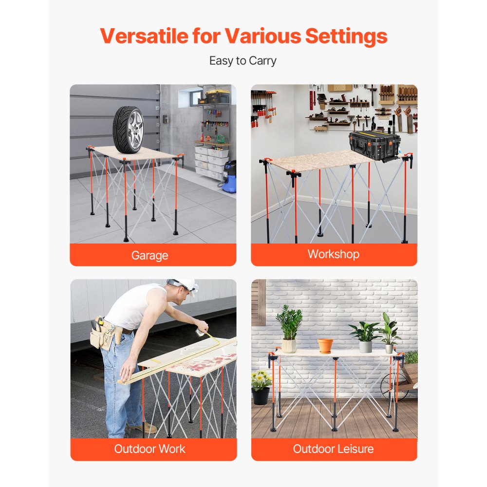 VEVOR Banco de Trabajo Plegable Portátil, Banco de Trabajo 1267 x 665 x 867 mm con Bolsa de Almacenamiento (Tablero no Incluido), Capacidad de Peso de 1135 kg para Garaje, Taller y Exterior